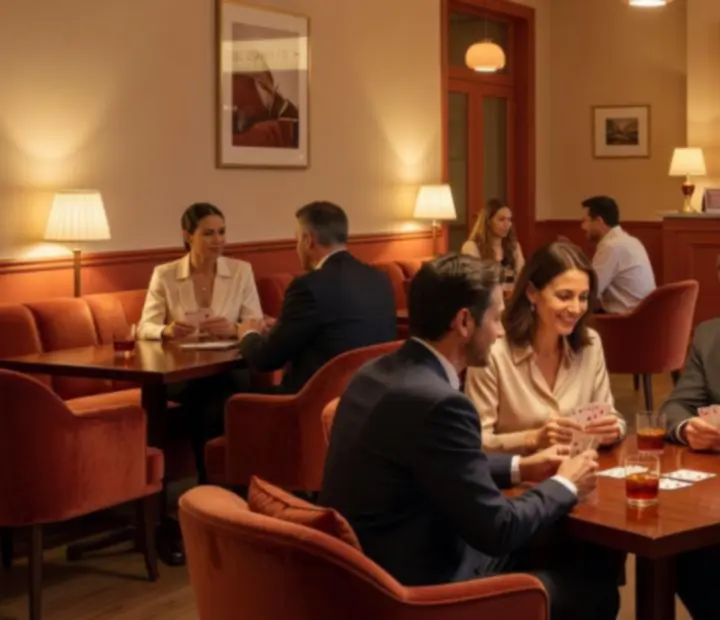 Vendégek, akik egy elegánsan megvilágított kártyalounge-ban beszélgetnek és játszanak.