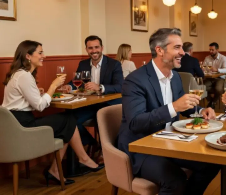 Vendégek egy meleg fényekkel megvilágított bistro asztalnál, finom ételekkel és italokkal