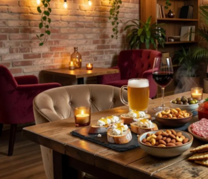 Apró tányérok organikus snackekkel és klasszikus italokkal egy elegáns lounge asztalon.